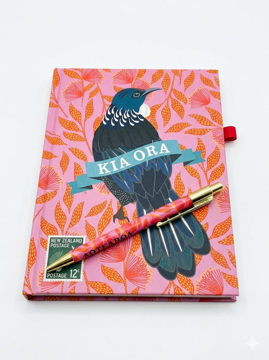 Notebook Hard Cover Kia Ora Florals Tui & Pen Set Pink A5